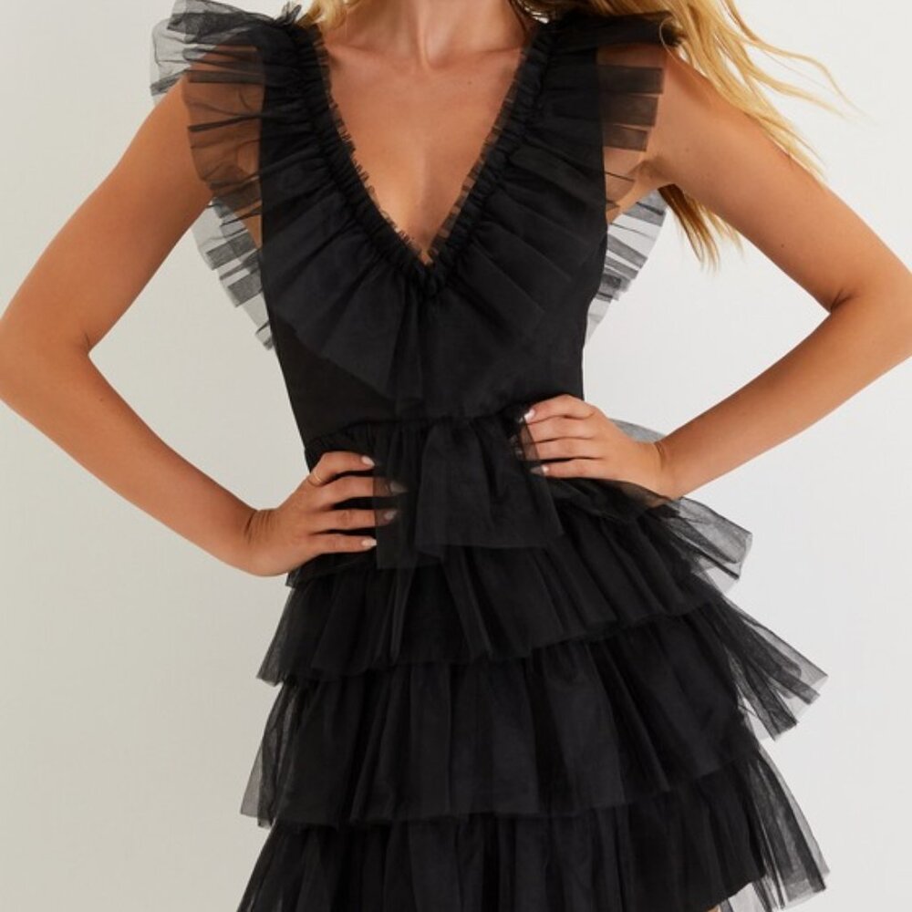 Lulus Striking Sensation Black Tulle Tiered Ruffled Mini Dress - Size M